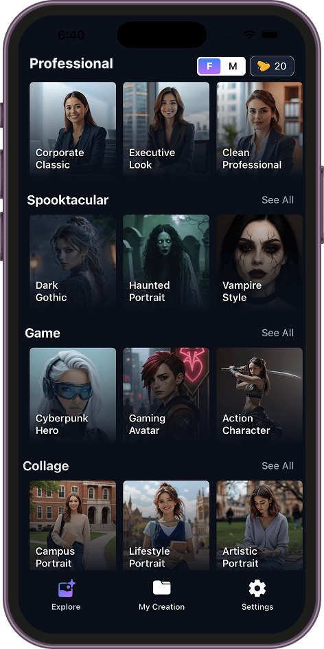 Professional category screen