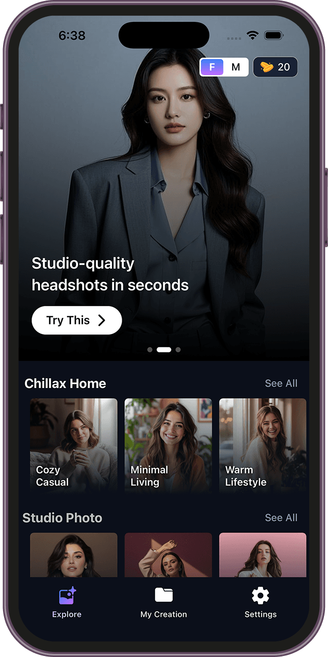 Studio-quality headshots home screen